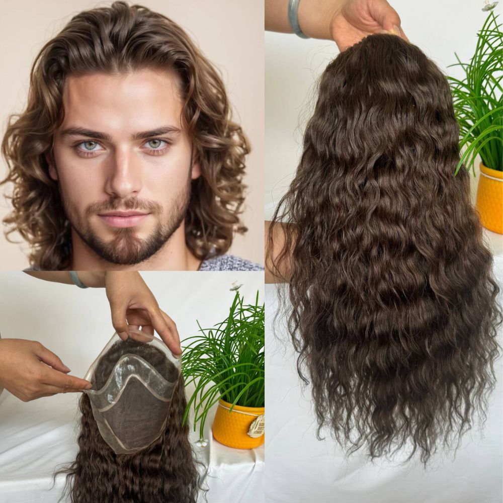 Pwigs 12 インチ髪メンズかつらモノラルレース PU ヨーロッパ人毛交換用男性かつら 3 ブラウンヘアシステムナチュラルウェーブ