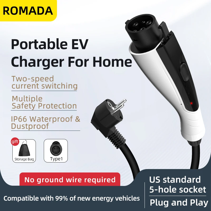 16A 3.5KW Type1 ポータブル EV 充電器 SAE J1772、3-10M ケーブル電気自動車充電ステーション家庭用