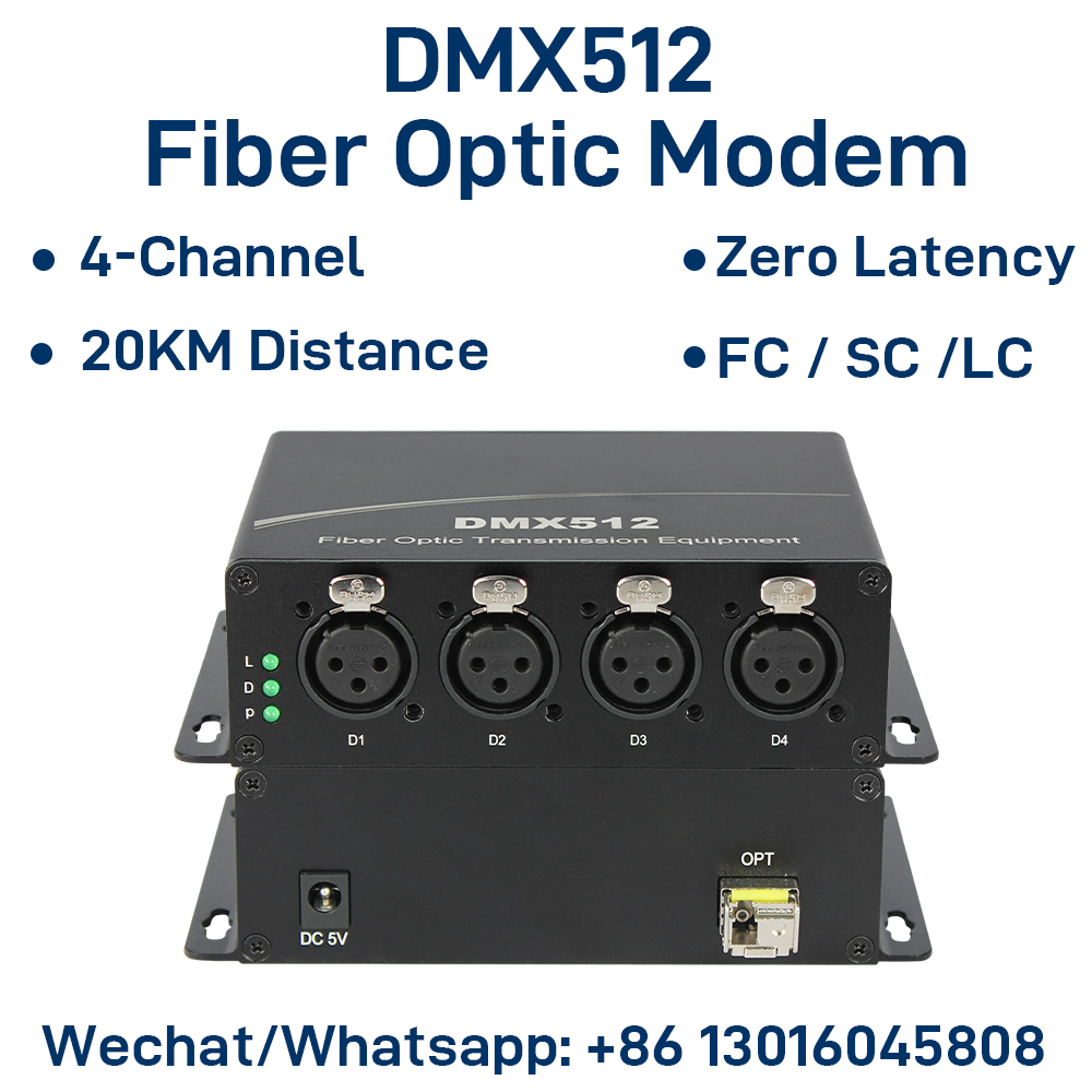 4-CH DMX512 光ファイバモデム XLR 3 ピン照明エクステンダ、単一ファイバ 20KM FC/SC/LC インターフェイス、遅延ゼロ、干渉防止