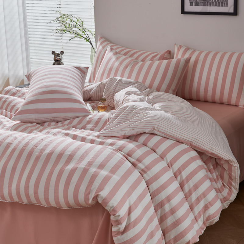 4Pcs Washed Microfiber Vertical striped colorful Bedding Set, Sweet Style Soft Duvet Cover with Zipper Flat Sheet Pillowcases