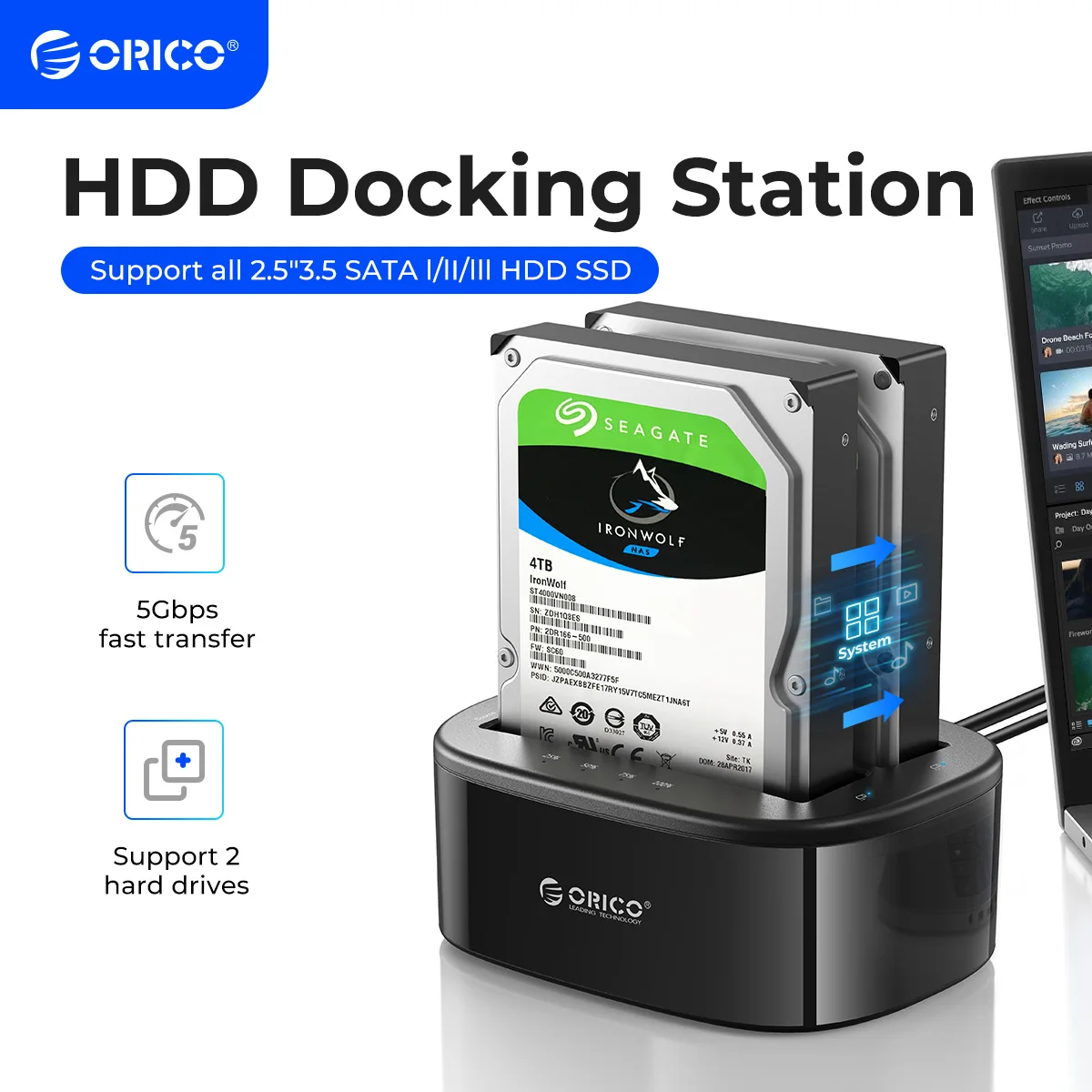 ORICO デュアルベイ HDD ドッキングステーション USB 3.0 USB C 2.5/3.5 インチ SATA ハードドライブ用ツールフリー PC 用 12V/3A 電源アダプタ付き