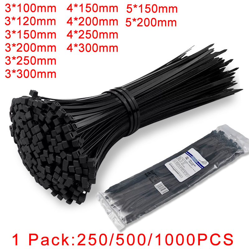 250/500/1000 個黒セルフロックプラスチックナイロンケーブルジップタイ 3*100 3*150 4*200 固定リングナイロンクランプストラップとロック