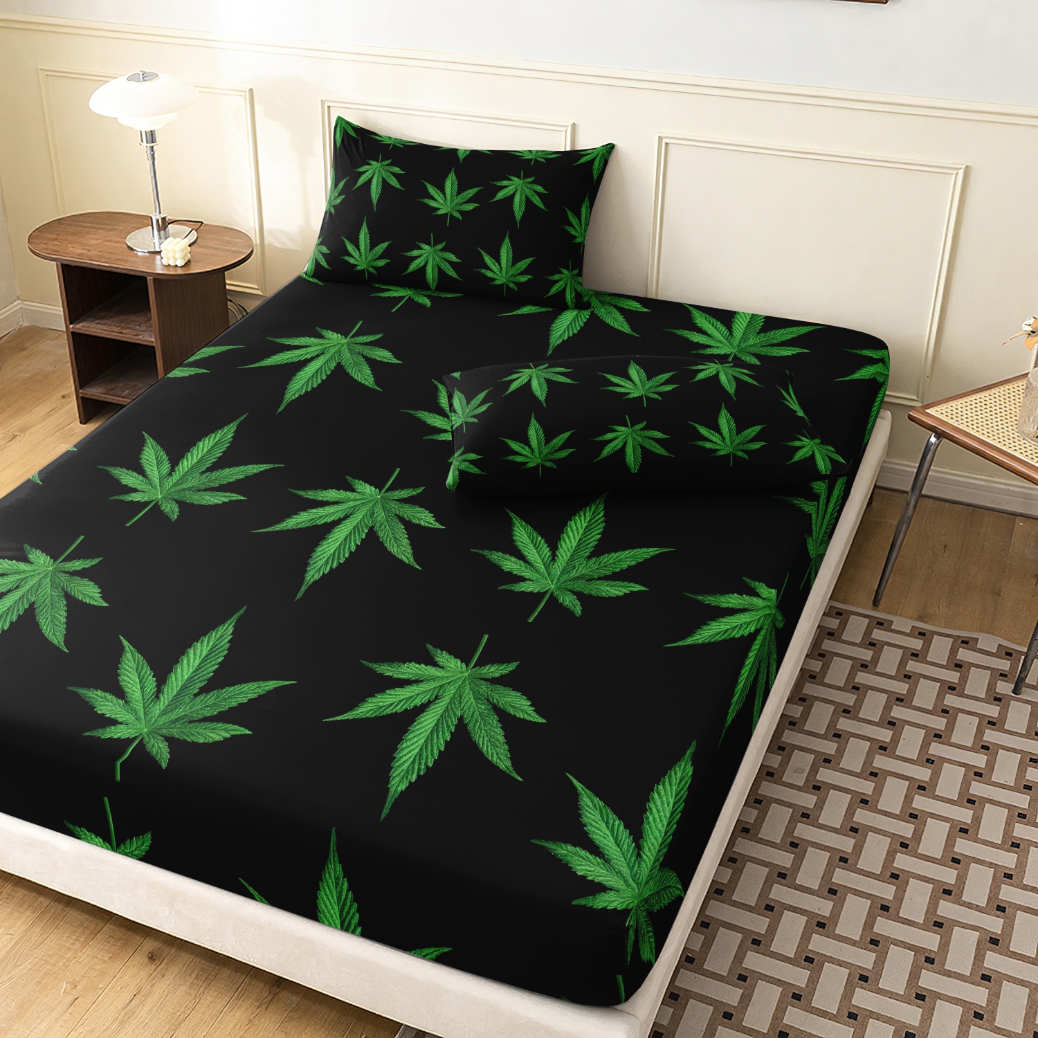 3 個グリーン大麻葉プリントボックスシーツセット、黒麻の葉柄デジタルプリントボックスシーツセット、寝室とゲストルーム