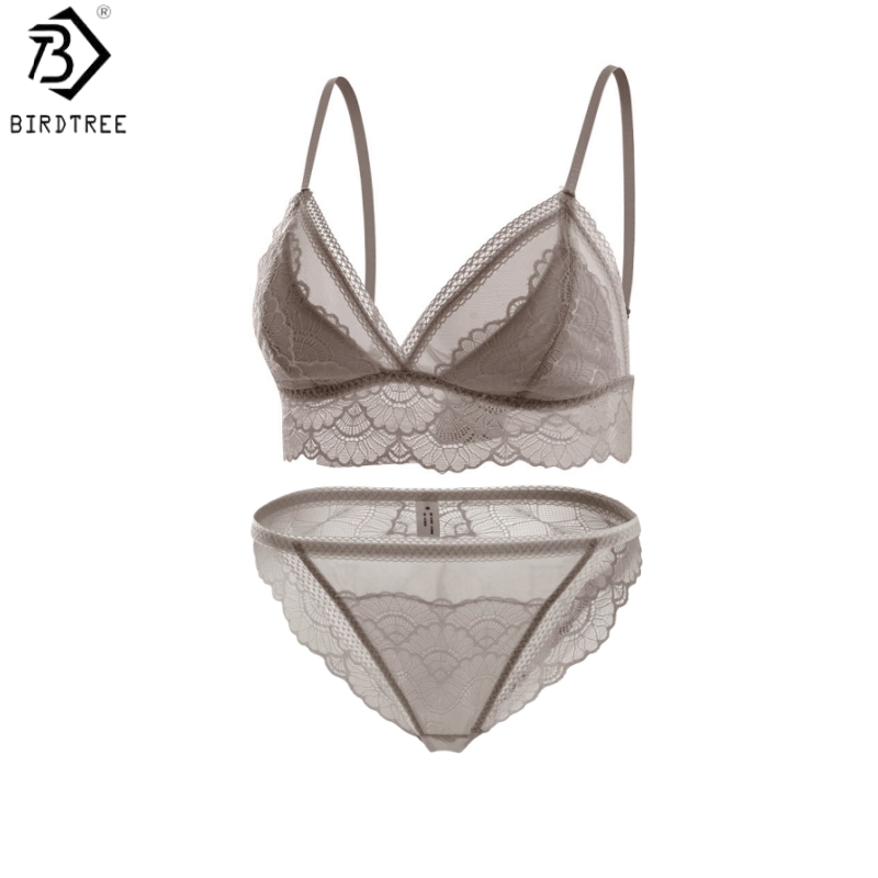 Birdtree、リアルシルクブラジャーブリーフセット、女性三角カップ下着、ローウエストブリーフ、レースエレガントセット、2026春新作A61815JF
