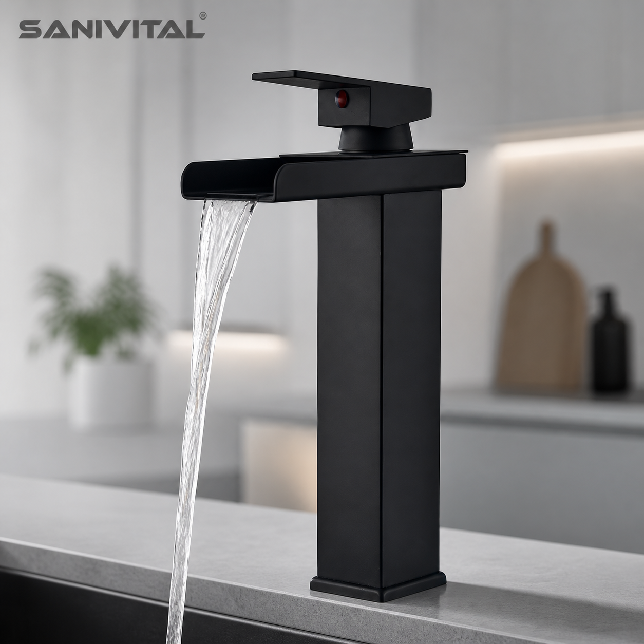 SANIVITAL モダンなマットブラック背の高い滝の浴室のシンクの蛇口シングルハンドルホットコールドミキサータップ浴室用使用