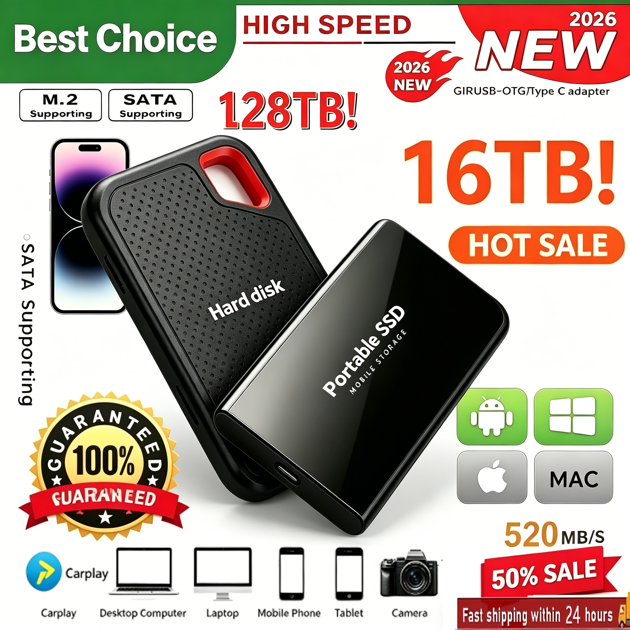 [ブランド]新しい高性能SSD 16TBポータブル外付けハードドライブ4TB/1TB USB3.2高速転送ストレージ、ラップトップ/Mac/PC/電話用