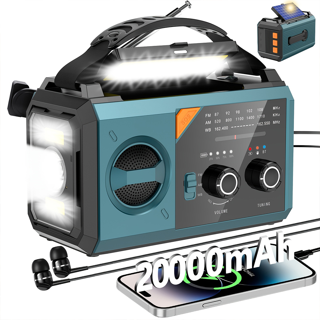 20000mAh 緊急ハンドクランクラジオ 懐中電灯付き 急速充電パワーバンク SOS アラーム BT スピーカー AM/FM ソーラー天気ラジオ