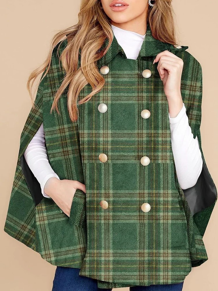 ヴィンテージチェック柄シックなケープレトロウールブレンド特大ケープフード付き厚く暖かいケープロング居心地の良いエレガントなストリート女性のマント