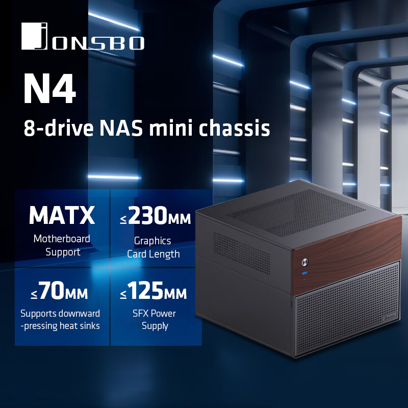 JONSBO N4 ブラック NAS シャーシ M-ATX マザーボード SFX 電源スロット 6 大 2 小ハードドライブ スロット 120mmx1Fan ウォールナット装飾パネル