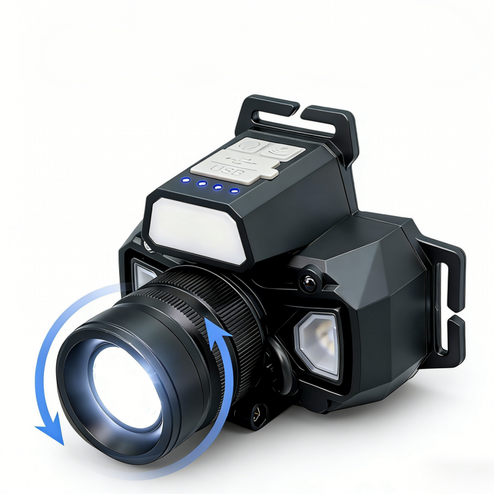 タクティカルヘッドランプ 350LM 3600mAh 白色レーザー LED、赤色警告サイドライトスイッチでズーム可能、タイプ C 充電式ヘッドリグ