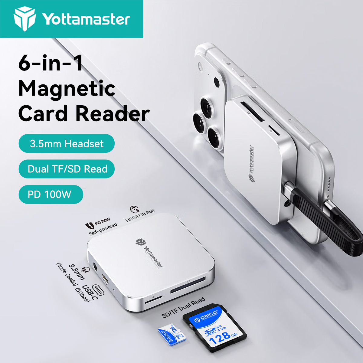 Yottamaster デュアルスロット SD/TF アダプタ金属ボディ磁気カードリーダー PD100W マルチポート USB タイプ C ハブ 5Gbps 拡張 3.5mm オーディオ
