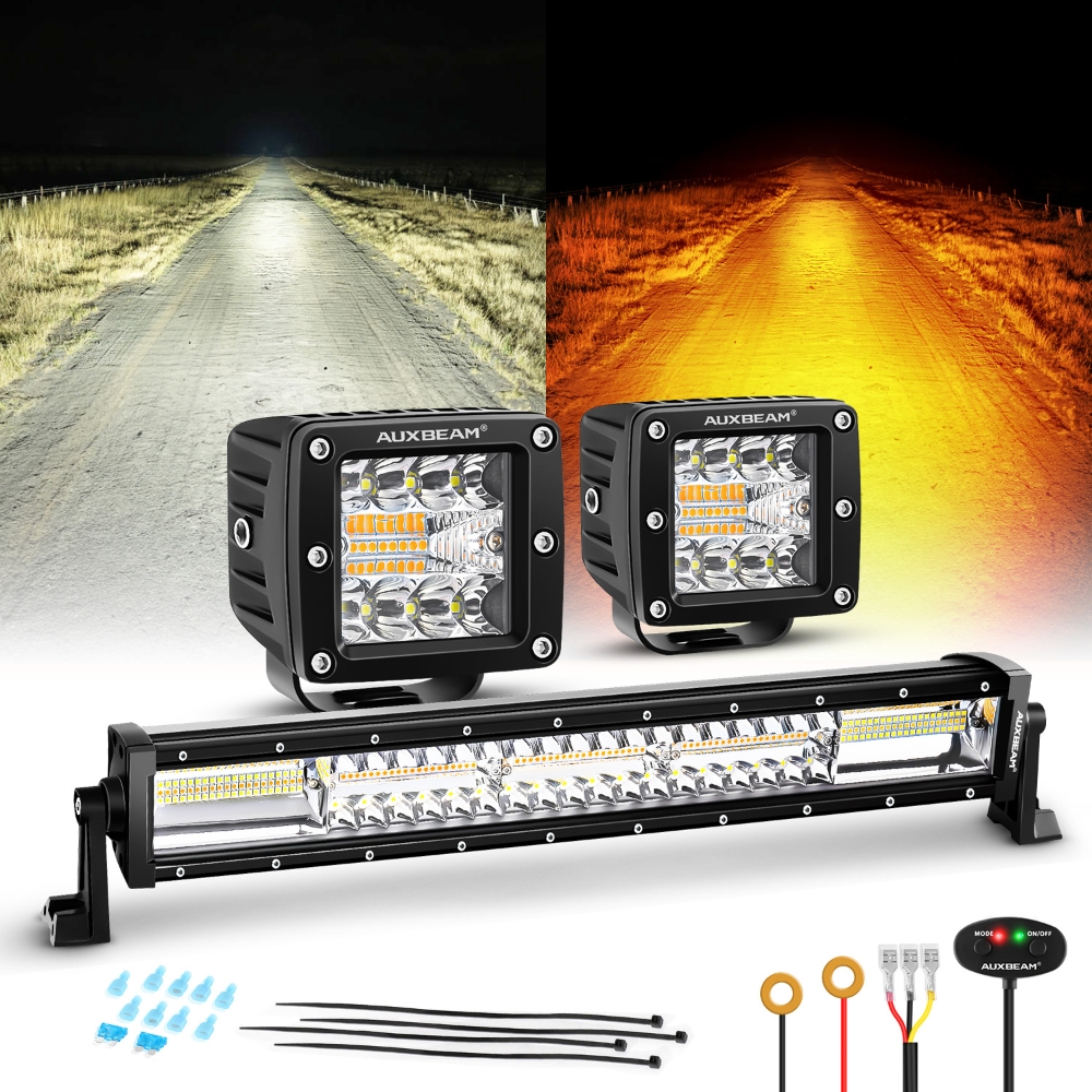 AUXBEAM 3 インチ LED 22 インチ ライトバー 6 モード アンバー ホワイト メモリ機能付き ドライビングワークライト 16AWG 10FT 配線ハーネス付き