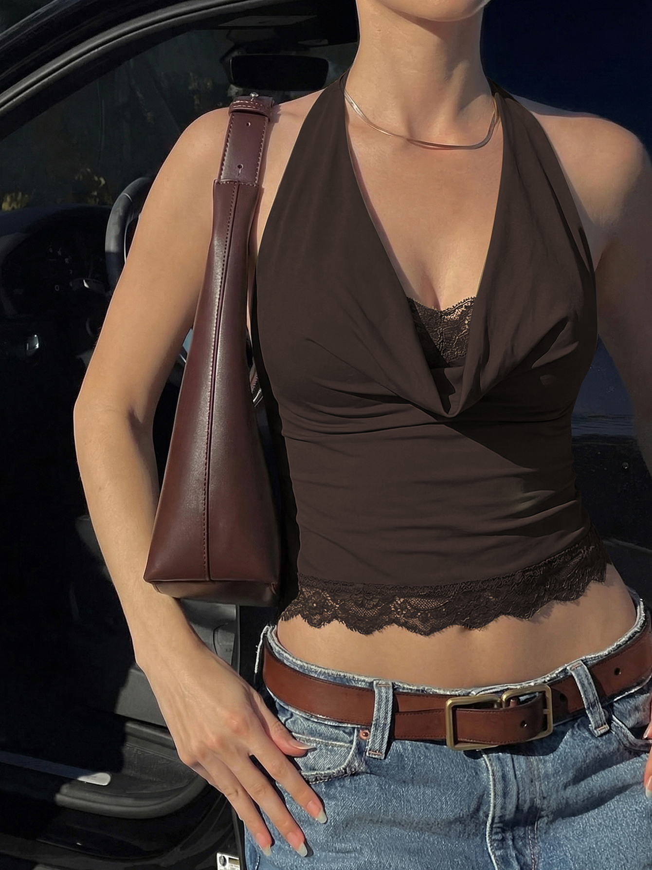 Dulzura 夏のファッションセクシーなホルター背中の開いたレースアップレースフリルスイング襟ベスト女性のカジュアル Y2K トップパーティークラブ服