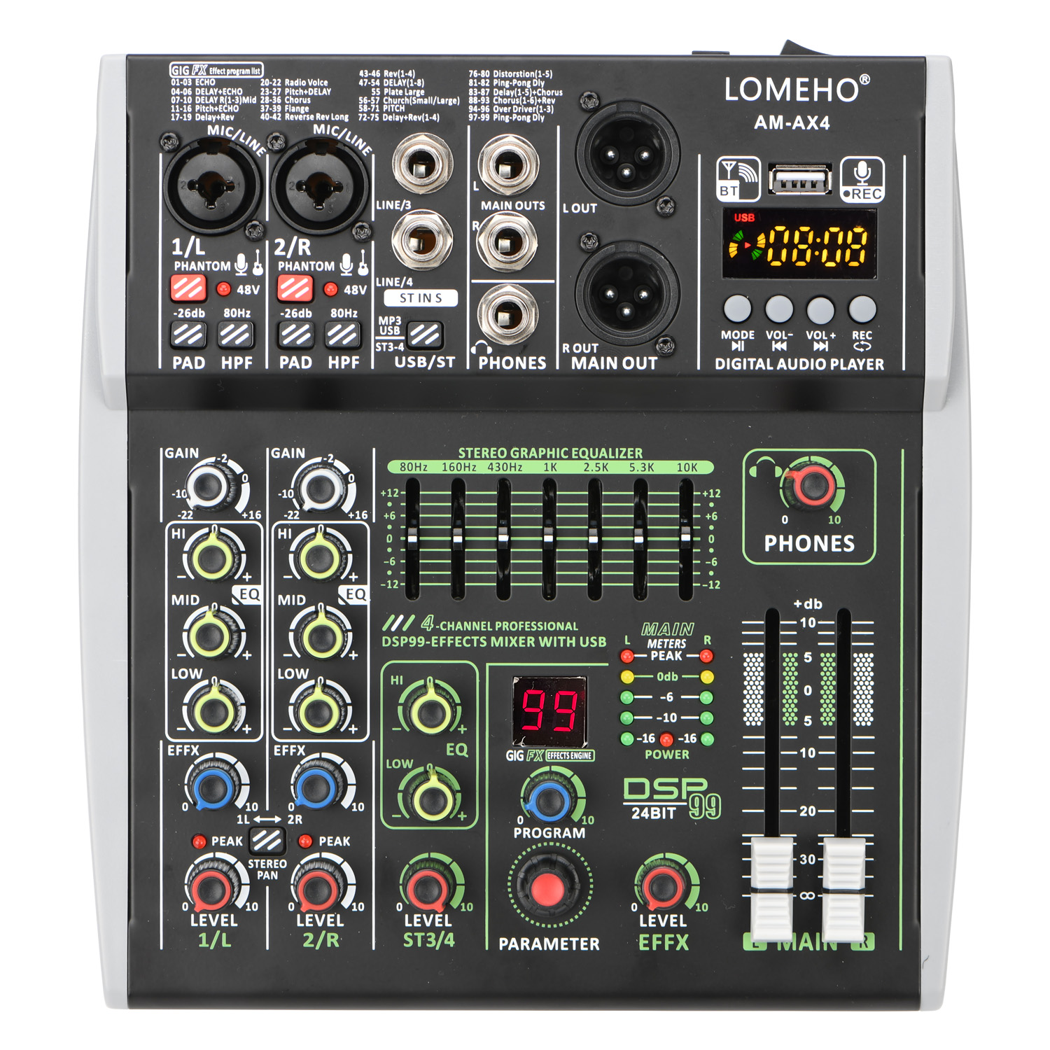 4/6 チャンネルミキシングコンソール 48V 99 DSP エフェクト Bluetooth ロメホオーディオ DJ ミキサー USB PC 再生記録ポッドキャストサウンドテーブル AM-AX4