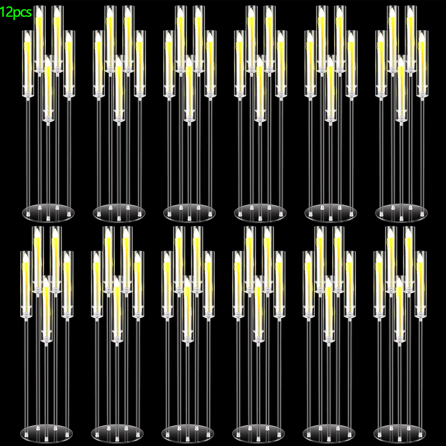 12 個のアクリル 5 アーム燭台 60 個の LED キャンドル付き結婚式用クリアフロア燭台燭台ホルダーテーブルセンターピース用