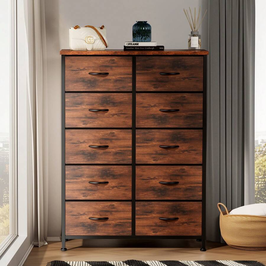 Tall Black Dresser For Bedroom With 10 Drawers, Chest Of Drawers, Dressers Bedroom Furniture, Storage Organizer Unit With Fabric