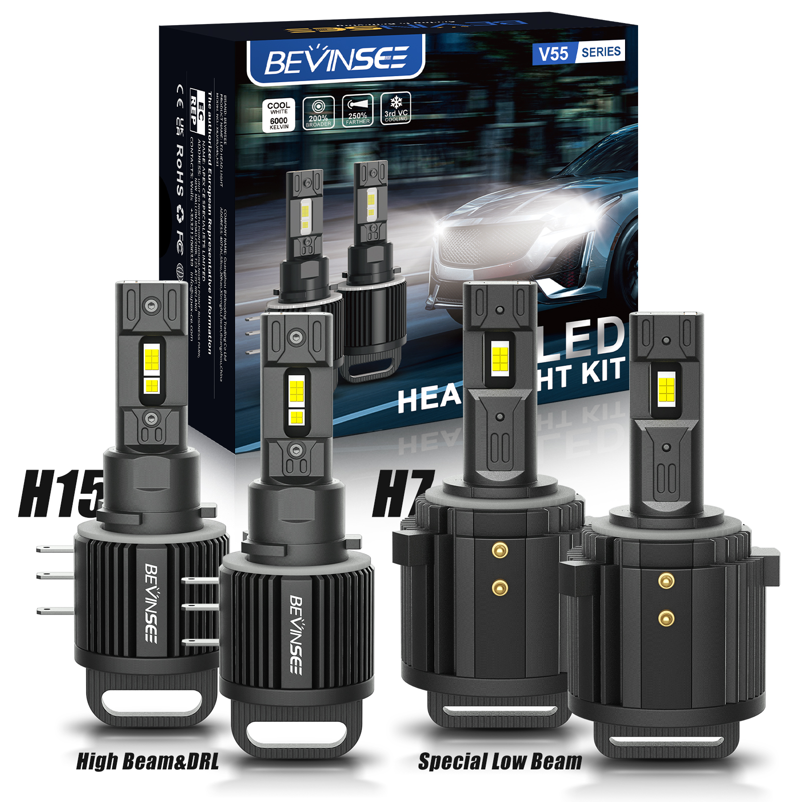 BEVINSEE VW ゴルフ MK7 MK6 LED H7 H15 ヘッドライト電球キットハイビーム DRL 100 ワット 10000LM 超高輝度プラグ