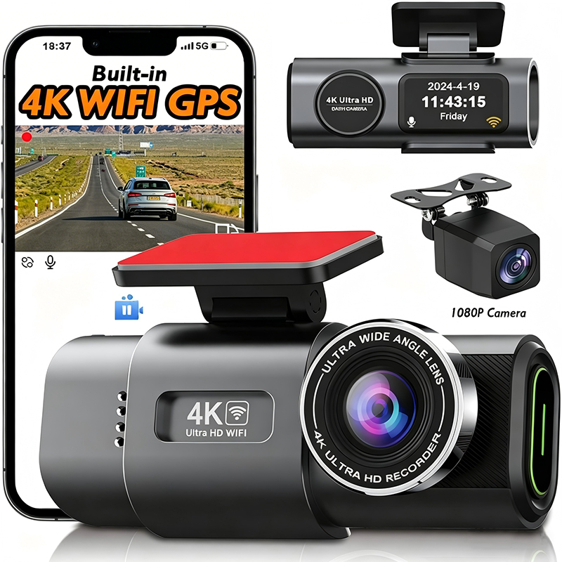 4K UHD Recording Dash Cam Video Recorder Car Camera DVR Night Vision Wi-Fi GPS 24H Parking Mini Front Rear Black Box Monitor