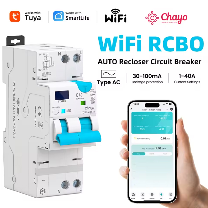 TUYA WIFI RCBO LED 調整可能なスマートサーキットブレーカー 過電流および漏れ保護付き残留電流サーキットブレーカー