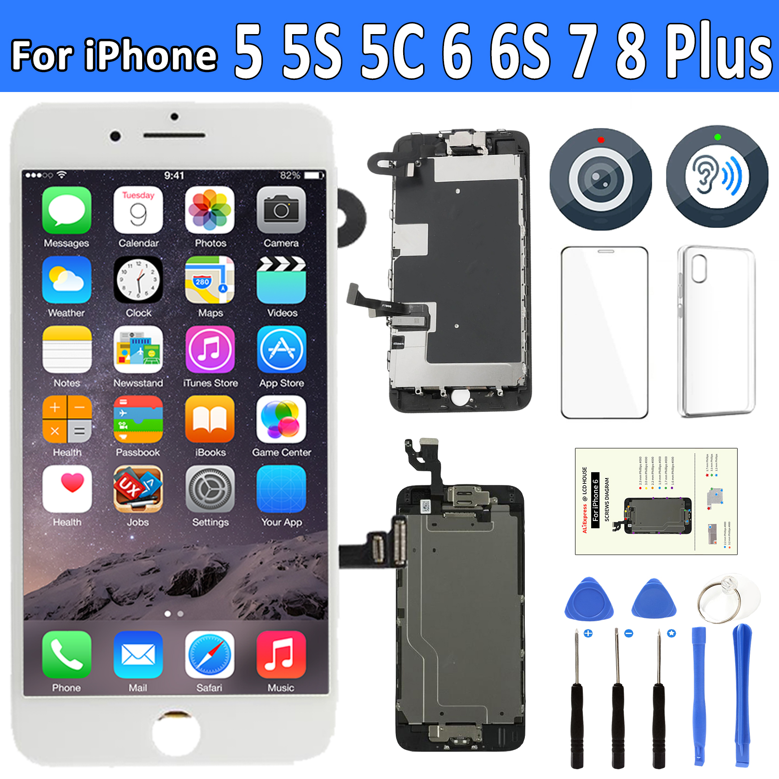AAA ディスプレイ iPhone 5 5S 5SE 6 6S 7 8 プラス Lcd ディスプレイフルセットアセンブリタッチスクリーンデジタイザー交換 Pantalla カメラ