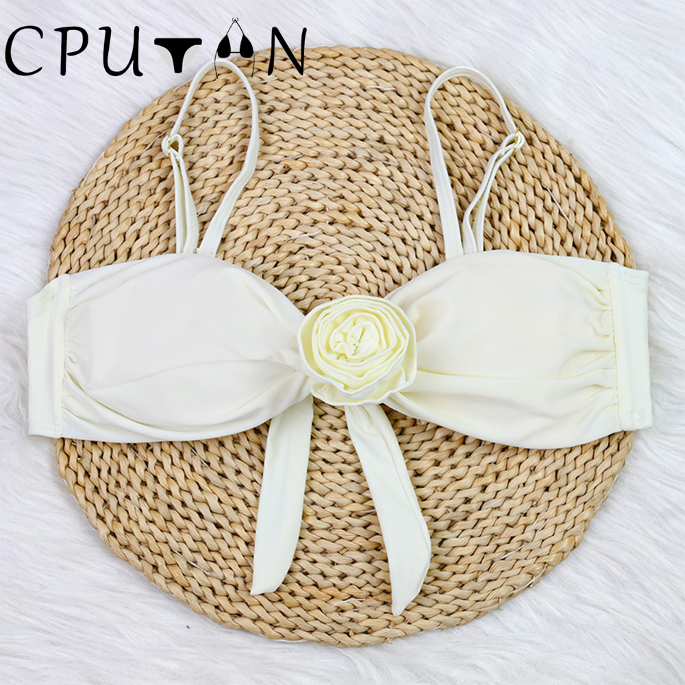 CPUTAN 3D 花 2024 セクシーな白のビキニセットプッシュアップ水着ソリッド Tバック Biquini 水着水着ガールズサマービーチウェア