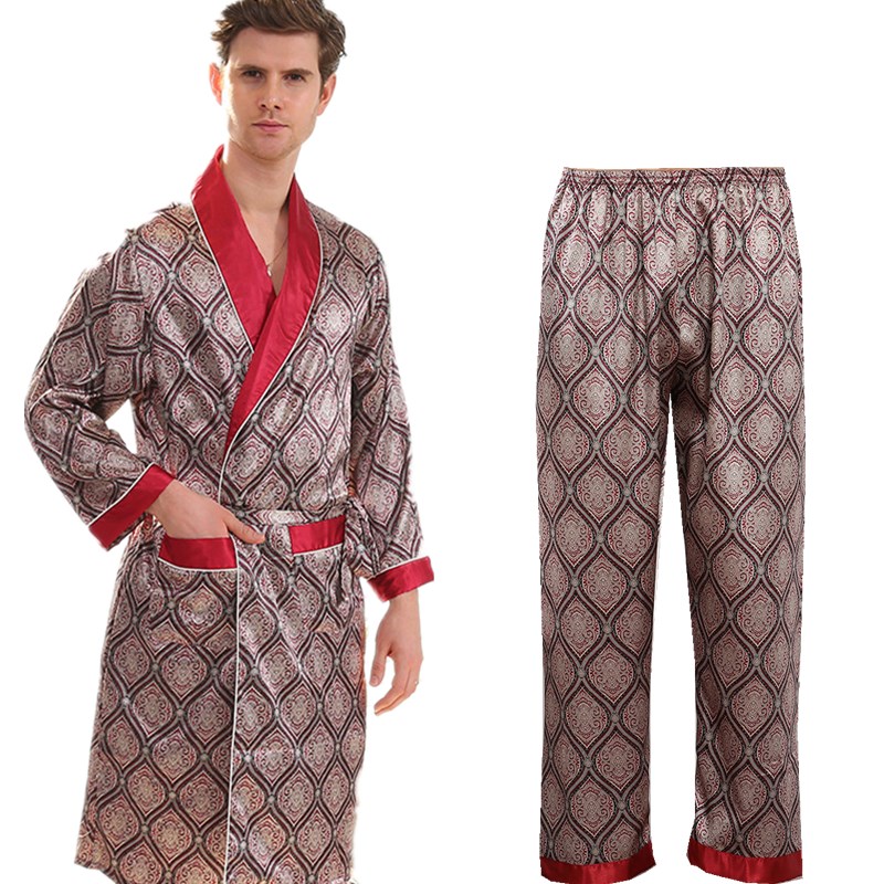 ローブパンツパジャマセット 7XL ツーピース男性バスローブショーツスーツシルクパジャマ男性着物ホームソフト居心地の良い長袖バスガウン