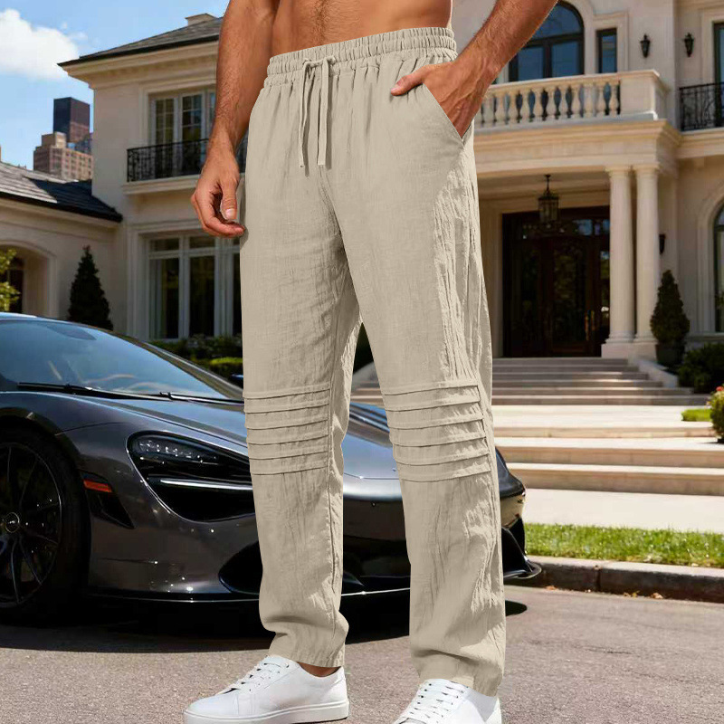 Men's summer casual pants, elastic drawstring waistband, knee stripe design, with pockets, loose fit, outdoor casual trousers