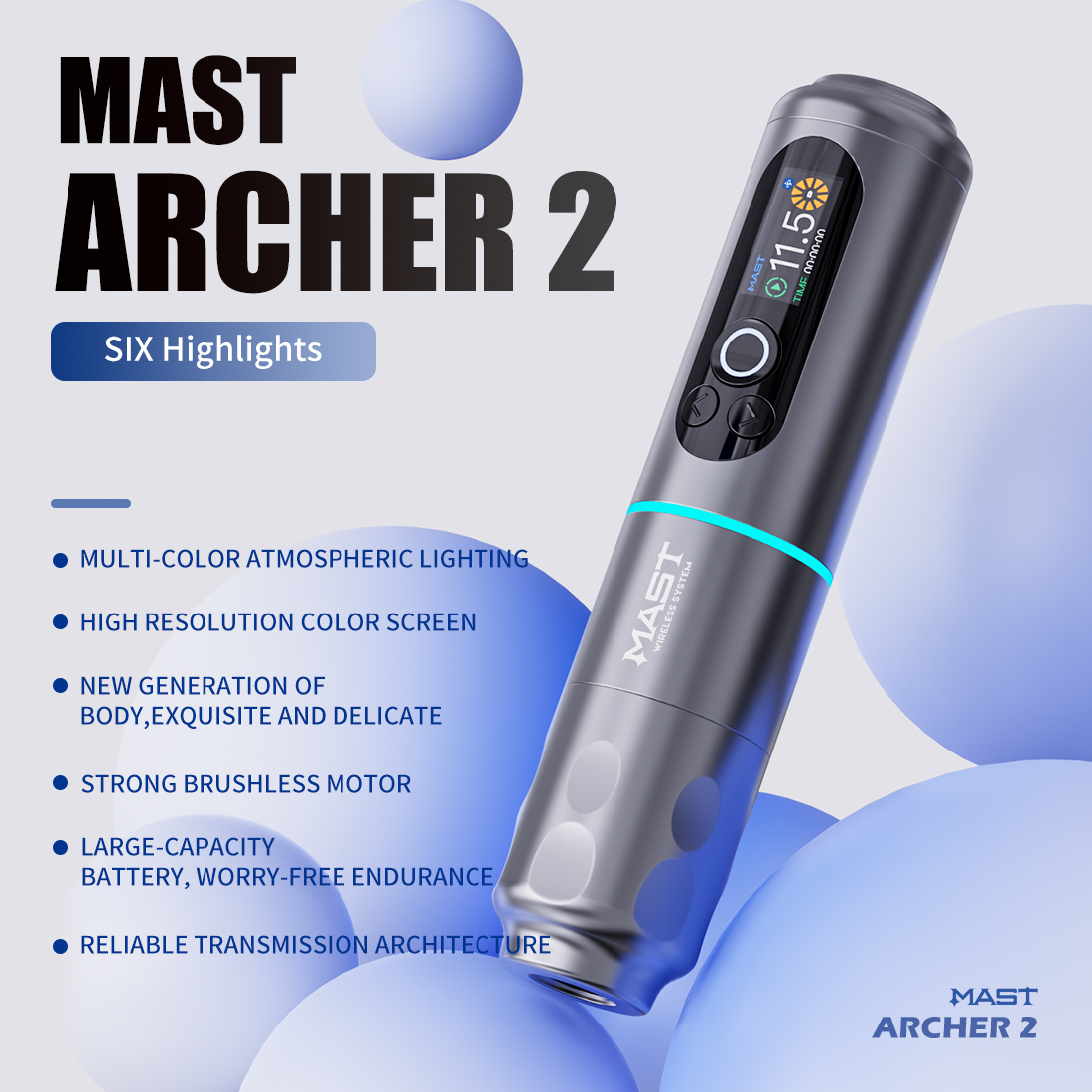 MAST ARCHER 2 ワイヤレスタトゥーマシン ブラシレスモーター 3.5mm ストローク 2000mAh 長期持続バッテリータトゥーペン ライナーシェーダー PMU 用