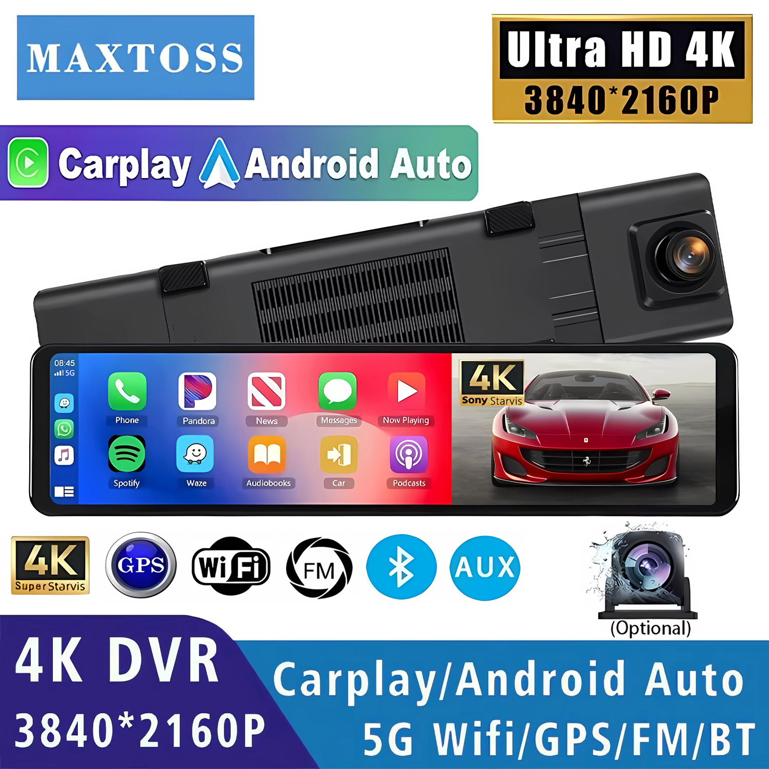 11.26インチ 4K 2160P ダッシュカム Carplay Android オートカー DVR デュアルレンズ Wifi GPS BT FM ビデオドライブレコーダー ストリームミラー ダッシュカムカメラ