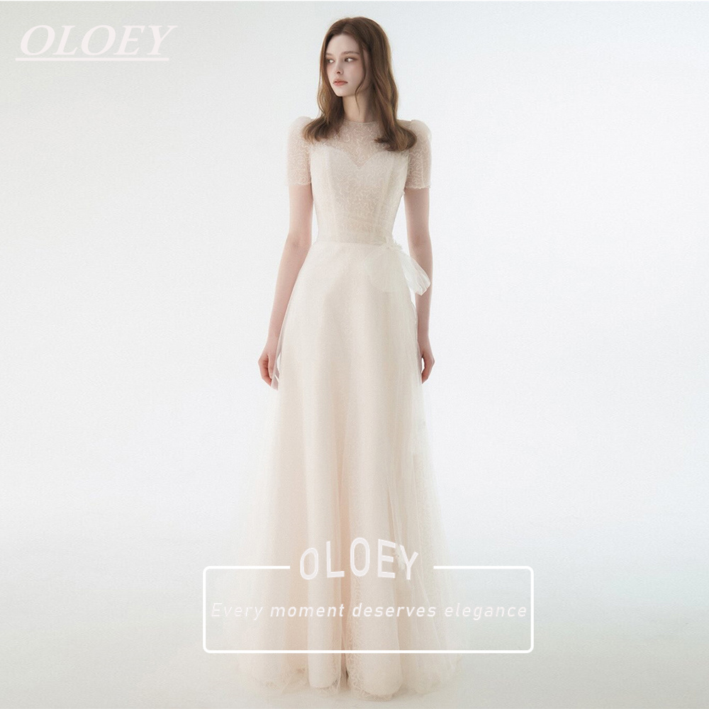 OLOEY エレガントなレース A ラインのウェディングドレス半袖床の長さの花嫁衣装韓国写真撮影カスタマイズされたローブデマリアージュ