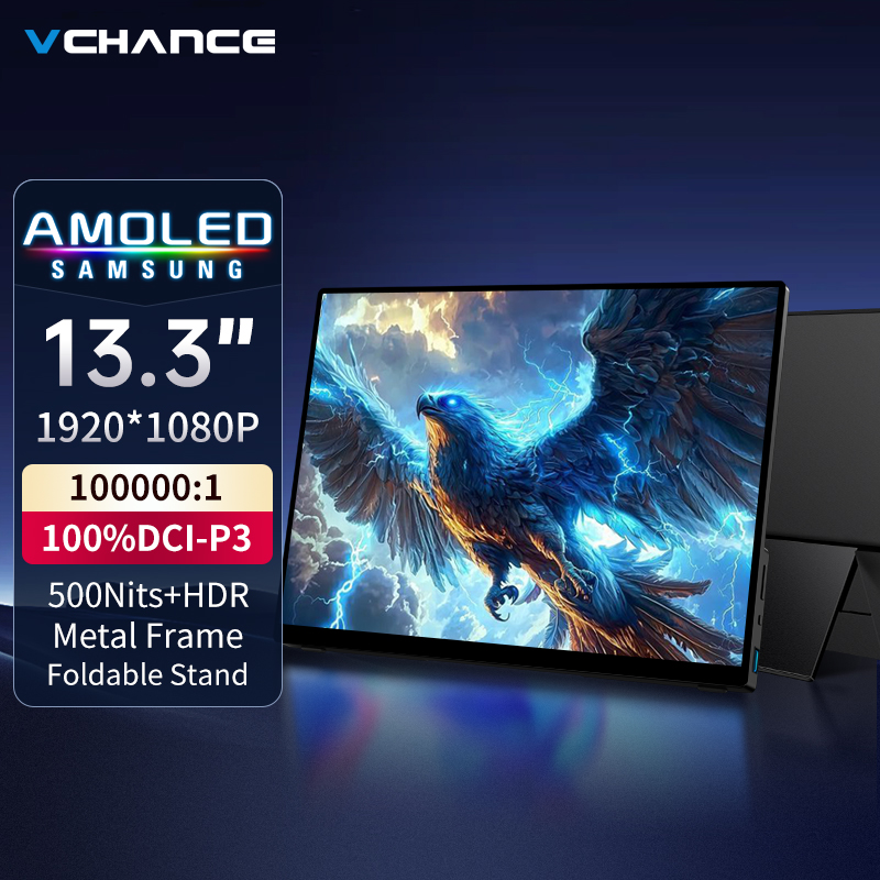 VCHANCE 13.3 インチ OLED ポータブルモニター 1920x1080p スタンド付きメタルフレーム 100%DCI-P3 オフィストラベルディスプレイエクステンダー ラップトップ Mac 用