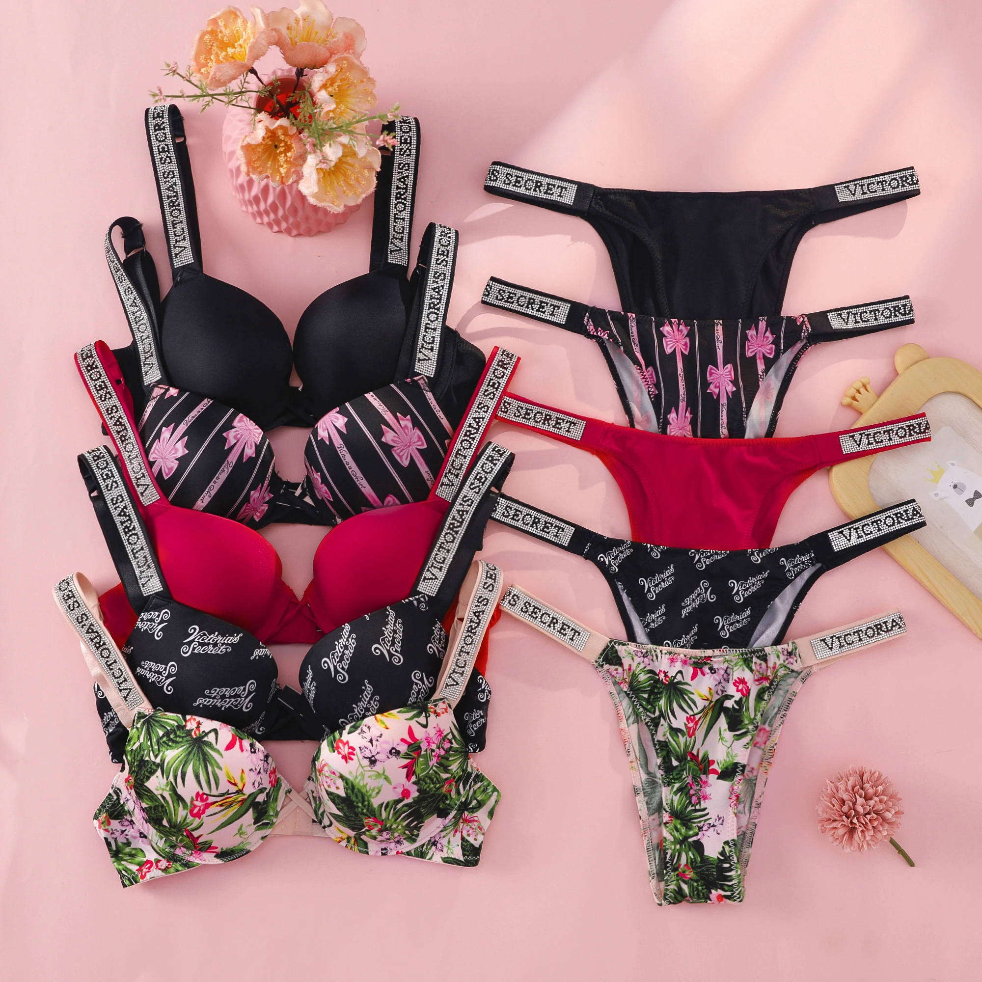 Victoria s Secret Push Up Bra And Panties Set For Women Rhinestone Logo Shoulder Straps Lace Underwear Sexy Lingerie Set