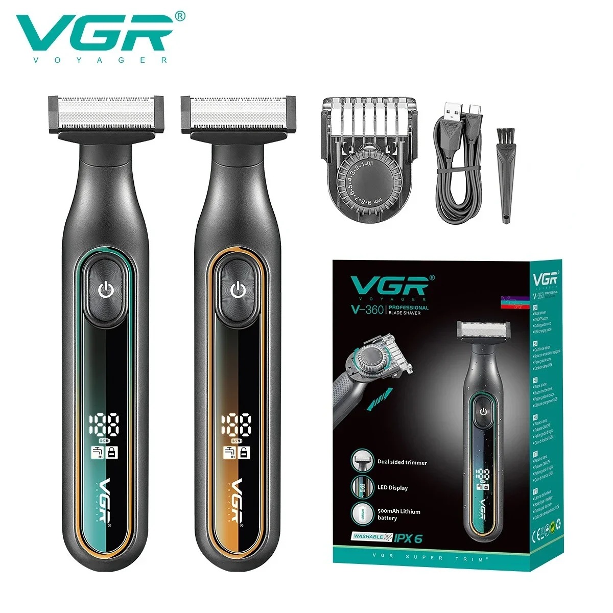 VGR カミソリプロフェッショナルシェーバーポータブルボディヘアトリマー IPX6 防水ひげトリマー充電式シェーバー電動男性 V-360