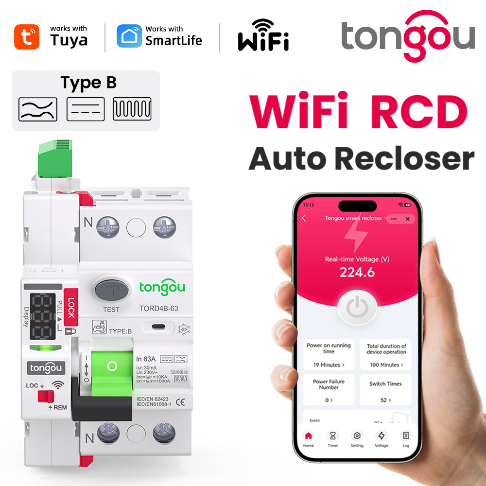 TONGOU 2P タイプ B RCD RCCB 63A 30mA 10KA 230V、EV 充電用過電圧/不足電圧保護付き WiFi スマート自動再閉路