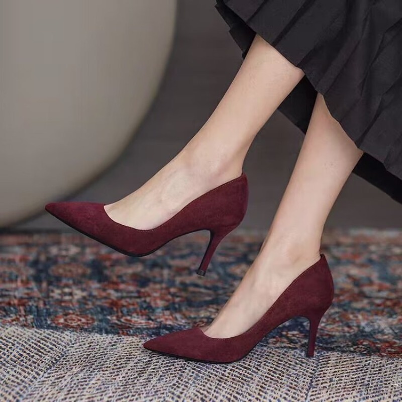 女性のハイヒールの靴シャープ薄型ヒールハイヒールパンプス靴ビッグサイズ 42 新しい尖ったスエードレッドブルー女性のシングルシューズ
