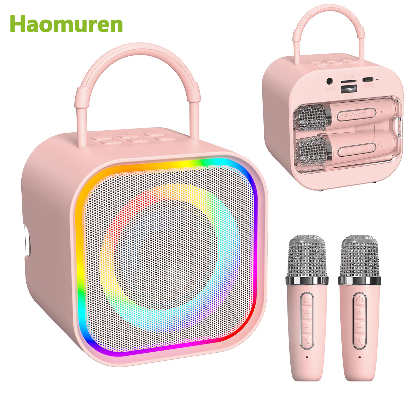 Haomuren ミニカラオケマシン 子供用 女の子用 ポータブル オールインワン Bluetooth カラオケスピーカー マイク2本付き ホームパーティーおもちゃギフト用