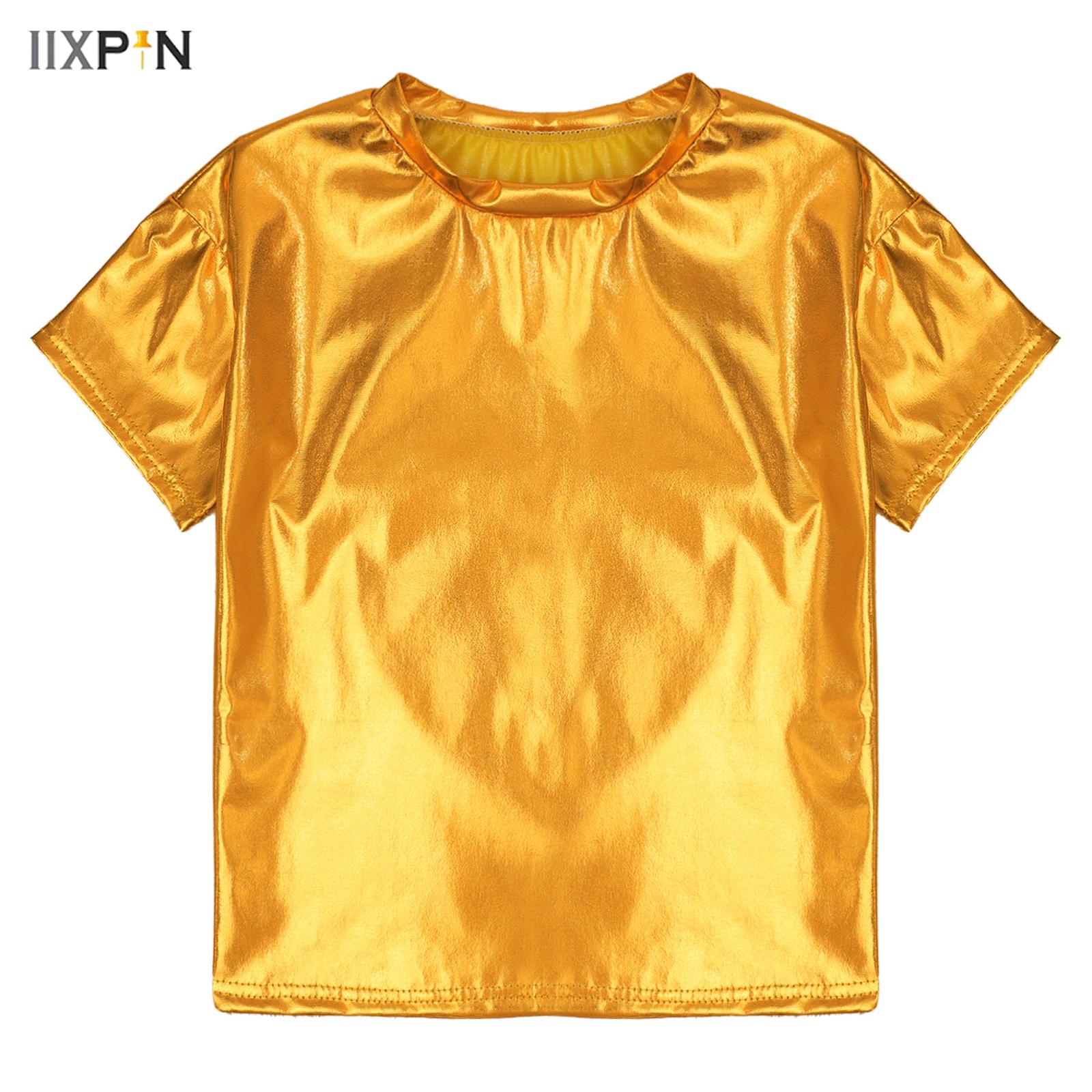 男の子 女の子 ホログラフィー メタリック Tシャツ ヒップホップ ダンス トップ 半袖 キラキラ ルーズ ブラウス ダンス パフォーマンス コスチューム ストリートウェア