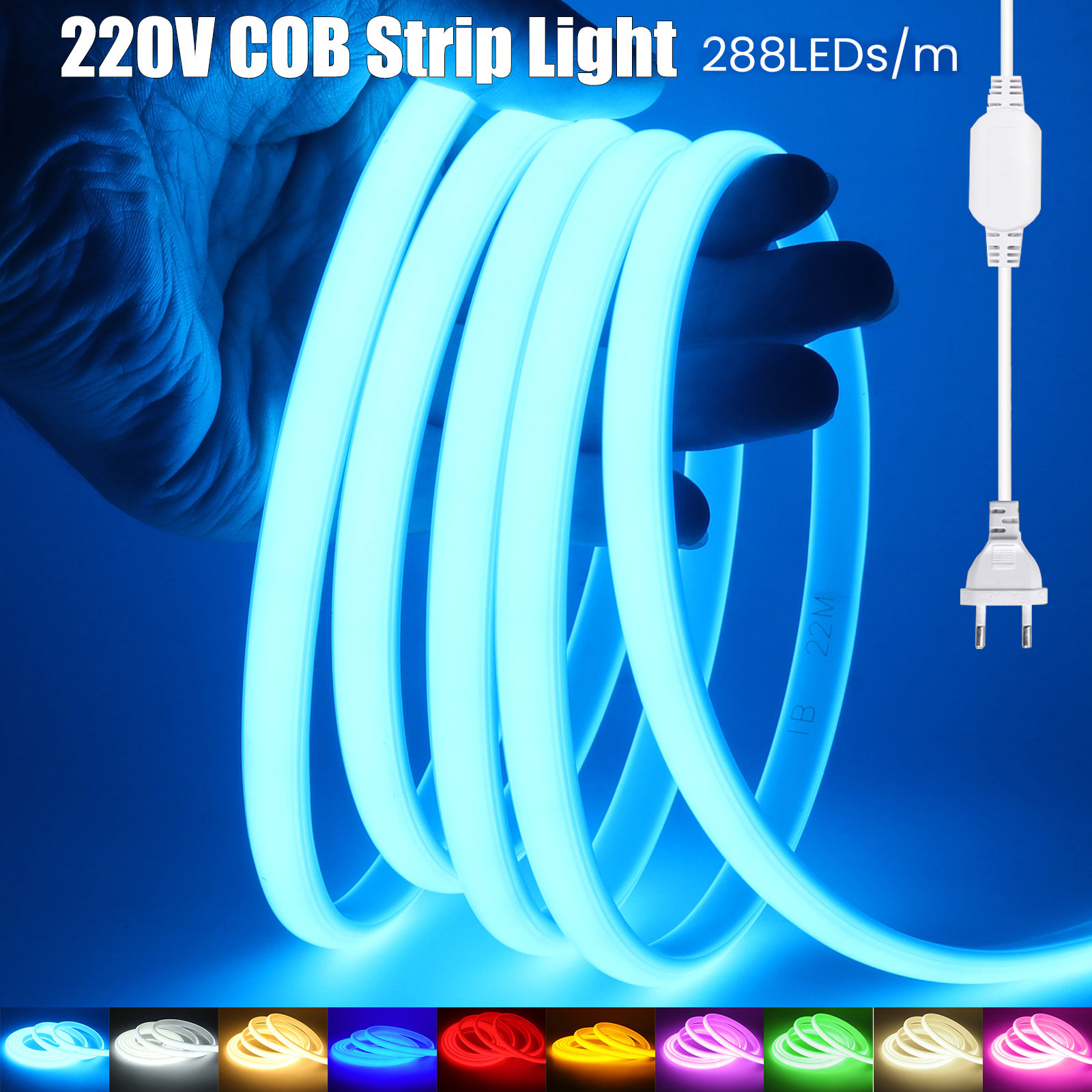 220V COB LED ストリップ EU プラグウォームホワイトレッドブルーグリーンピンク 288LEDs/m IP65 防水柔軟なネオンライトキッチンルームガーデン用