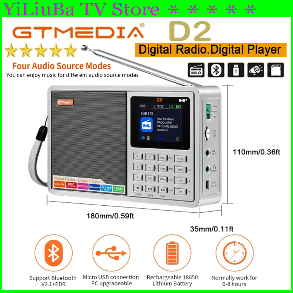 [正規品]Best FM ラジオ GTMEDIA D2 DAB デジタル Bluetooth スピーカー AUX IN TF カードスロット MP3 プレーヤー録音時計アラームスリープタイマー