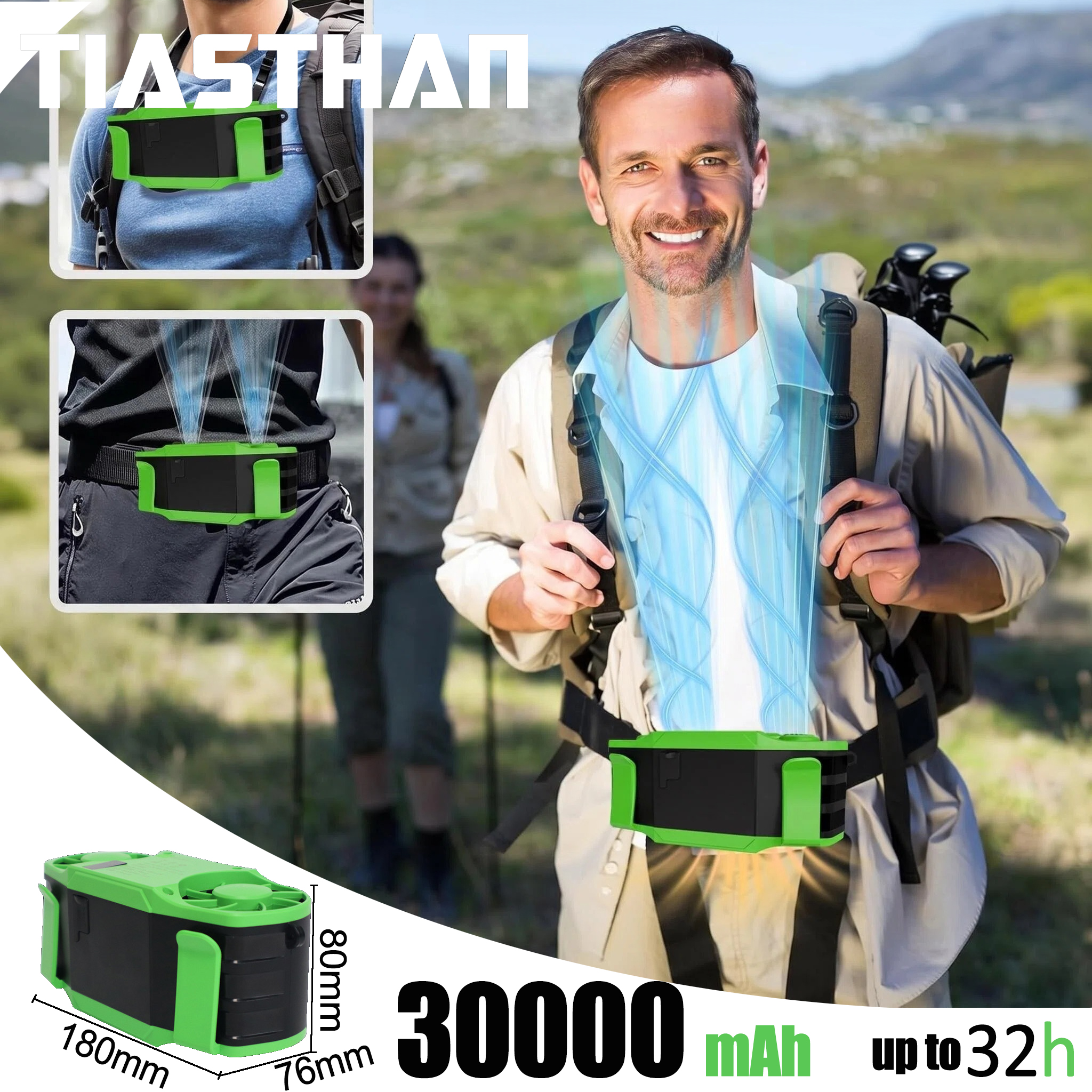 クリップオンウエストファン 30000mAh 7 調整可能な速度充電式電動ファン - 倉庫作業員屋外キャンプファン用 33H ランタイム