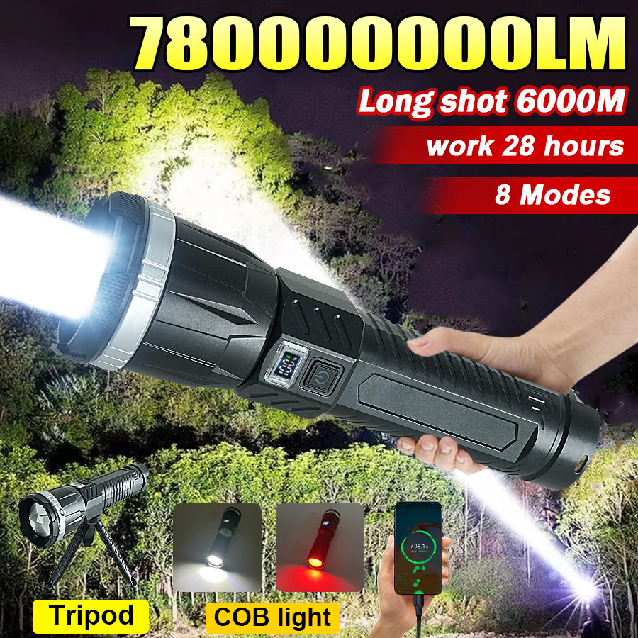 780000000LM 超強力懐中電灯充電式 LED 戦術トーチ超高輝度長距離 6000 メートルランタン屋外スタンド付き