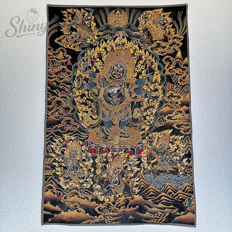 35.4インチ 6アームブラックマハカラブロケードチベットタンカ刺繍絵画金糸刺繍装飾吊り下げ写真
