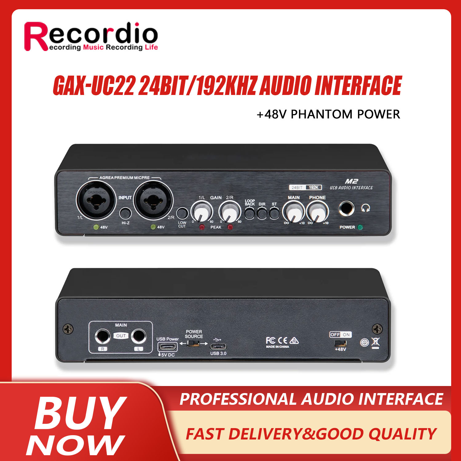 GAX-UC22 24ビット/192KHzオーディオインターフェイスサポート高抵抗楽器USBコンピュータライブレコーディング外部サウンドカード