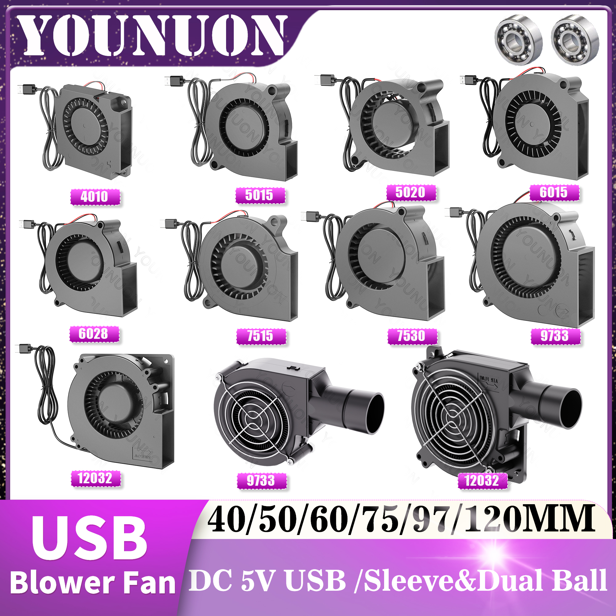 DC 5V USB 40 ミリメートル 50 ミリメートル 60 ミリメートル 75 ミリメートル 97 ミリメートル 120 ミリメートル冷却ファンブラシレスモーターケースファン送風機ファン加湿器ファン電磁調理器ファン