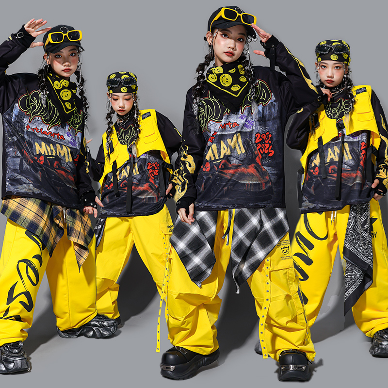 Girls K-pop Vest Sweatshirt Yellow Pants Street Dance Clothes Sets Cool Hip Hop Jazz Costumes Group Streetwear Stage Show Outfit