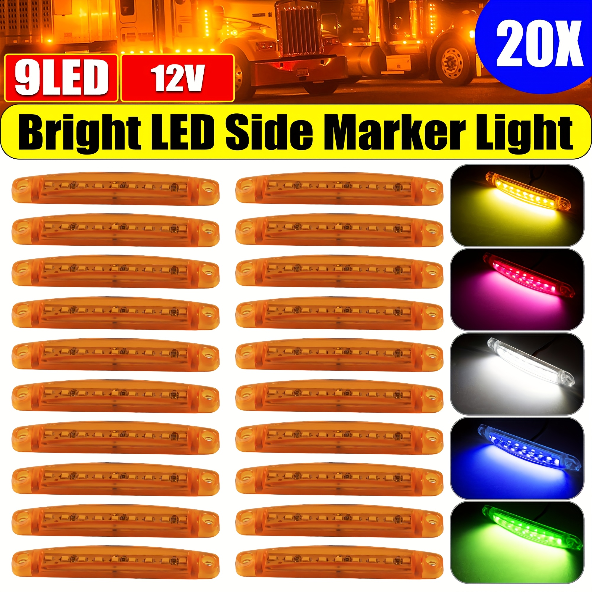 20個の新しい明るい12V 9LEDサイドマーカーライトランプインジケーターライトバー - イエロー、レッド、ホワイト、ブルー、グリーン