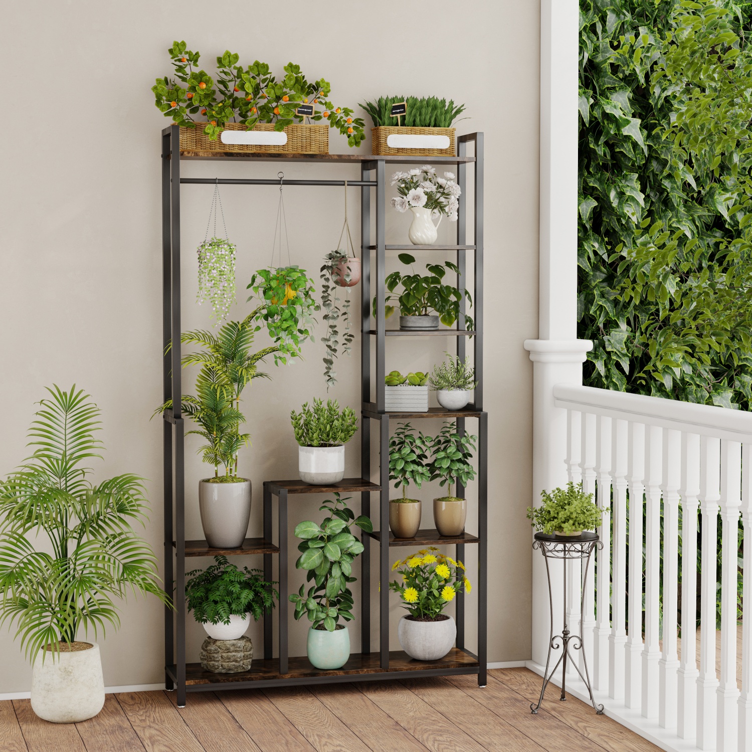 高さ180CMの屋内植物スタンド 棚と吊り下げロッド付き 工業用フラワースタンド 洋服ラック 庭、バルコニー、リビングルーム用