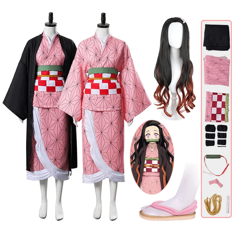 アニメ禰豆子ねずこコスプレ衣装禰豆子かつら制服小道具付き大人子供ハロウィンカーニバル衣装