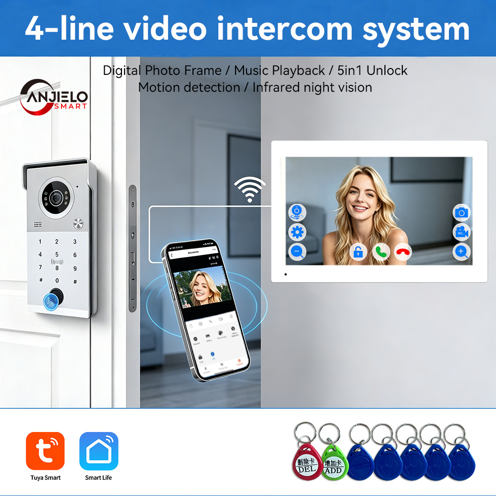 Anjielo 4 線式ビデオ インターホン システム: 7/10 インチ モニター、1080P Tuya スマート ビデオ ドアベル カメラ (RFID、指紋認証付き)