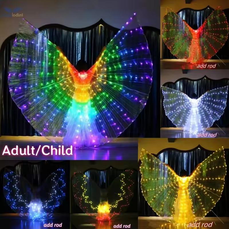 カラフルな LED 光る蝶の羽パフォーマンス衣装子供のためのベリーダンス衣装蛍光ケープポリエステル繊維